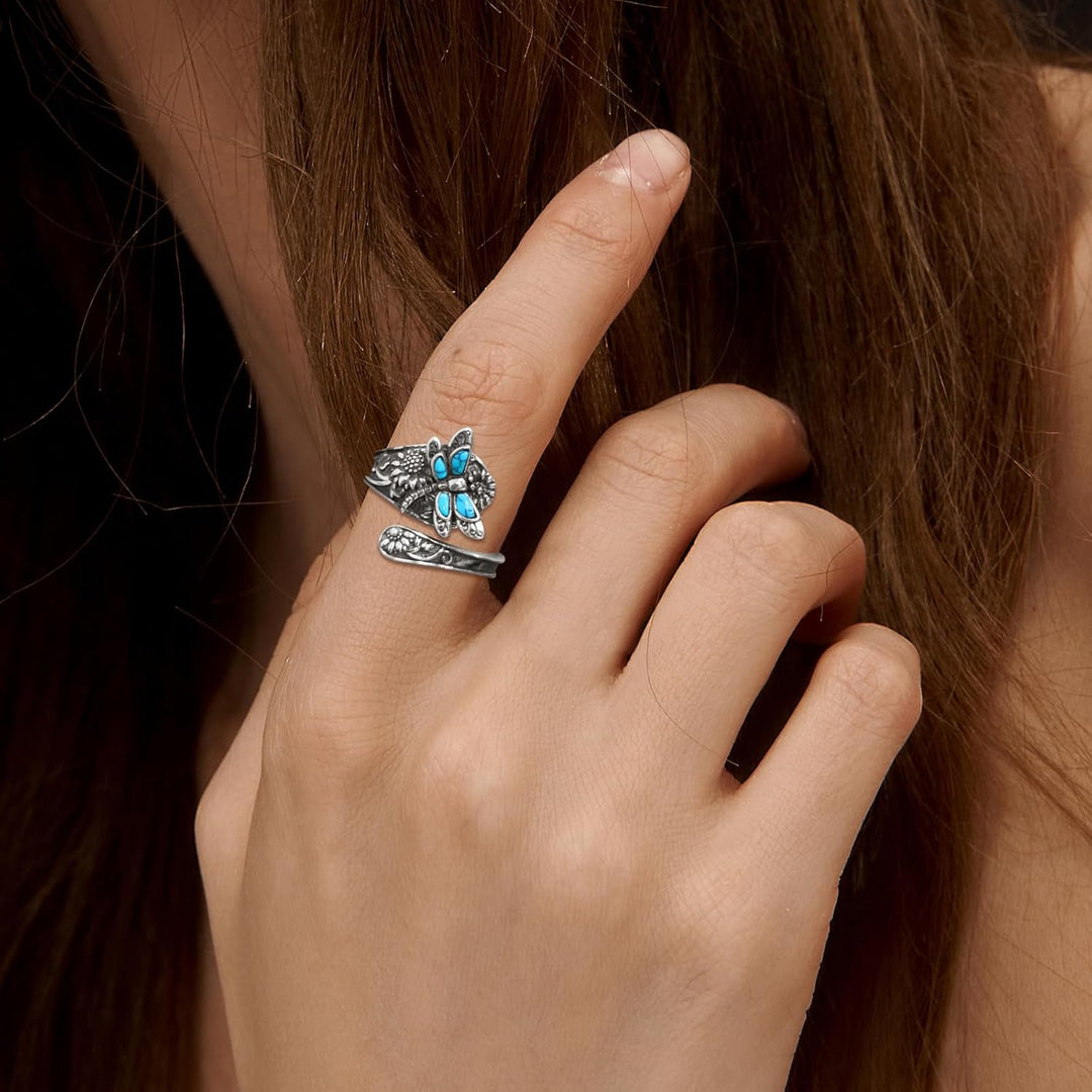 Stříbrný tyrkysový prsten vážka boho