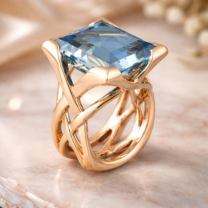 Retro prsten růžové zlato modrá zirkonie
