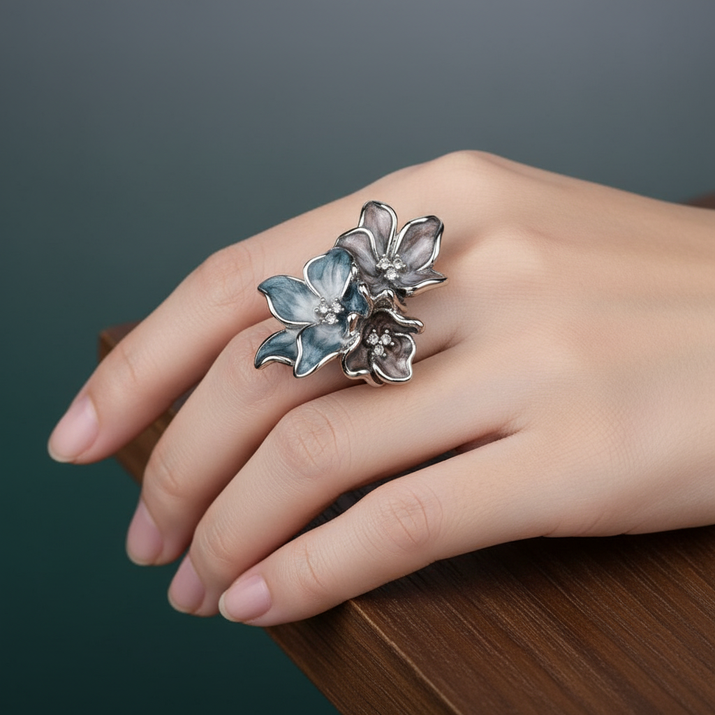Stříbrný prsten exotická květina