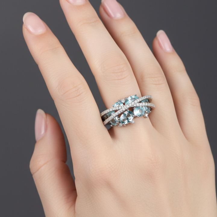 Stříbrný prsten kříž modrý lesk