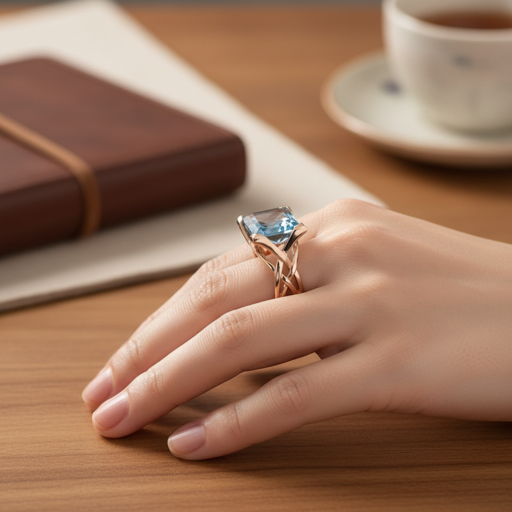 Retro prsten růžové zlato modrá zirkonie