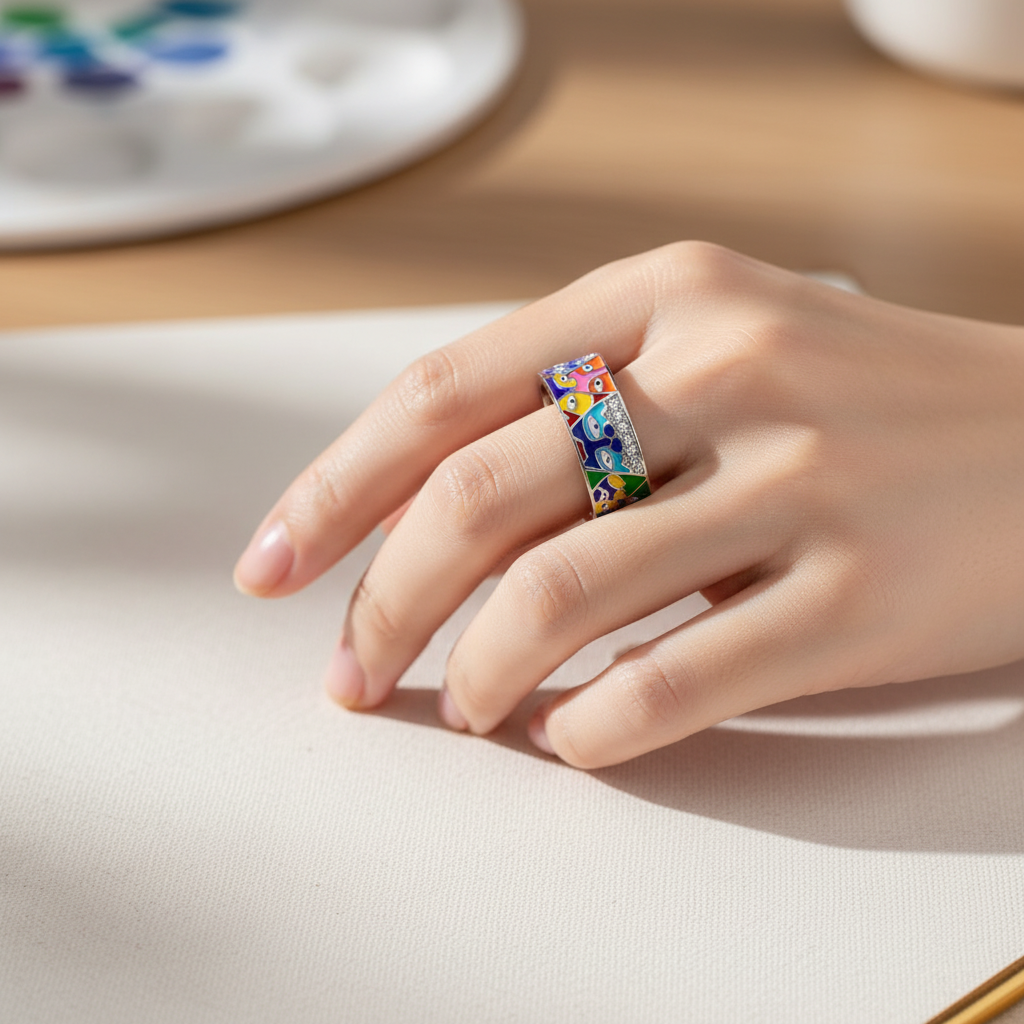 Stříbrný prsten barevná oka