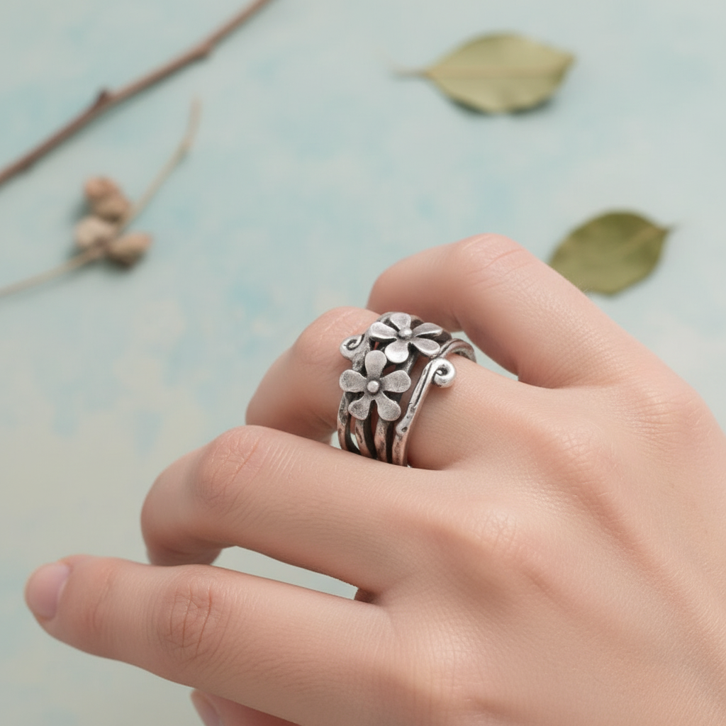 Retro stříbrný prsten s květinami