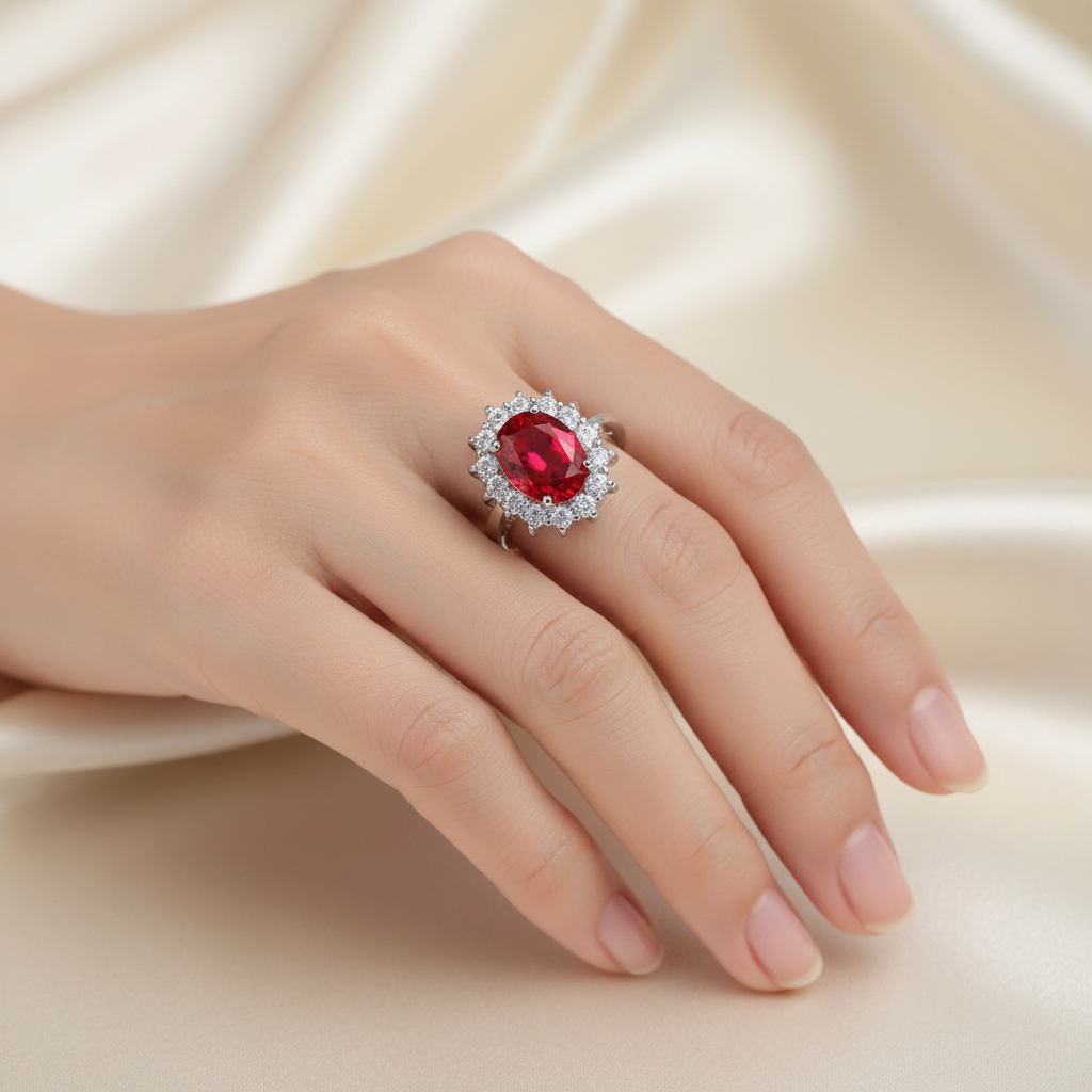 Klassieke Ring met Robijn en Witte Gouden Krans