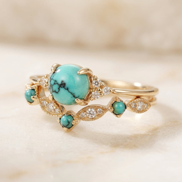 Zlatá sada prstenů koruna tyrkys