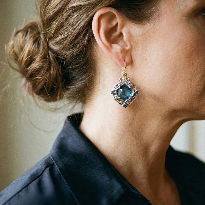 Visací náušnice modrý krystal zlato stříbro