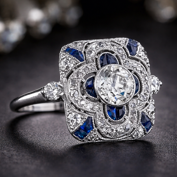 Retro stříbrný prsten modrá zirkonie