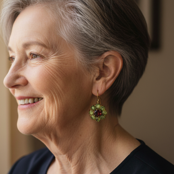 Retro kulaté náušnice zelené červené krystaly