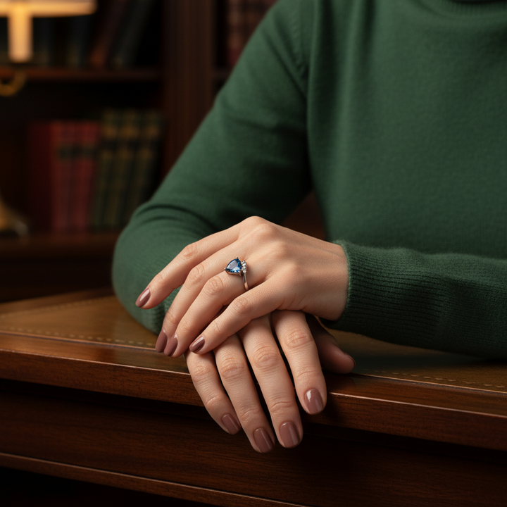 Retro stříbrný prsten trojúhelník modrý kámen