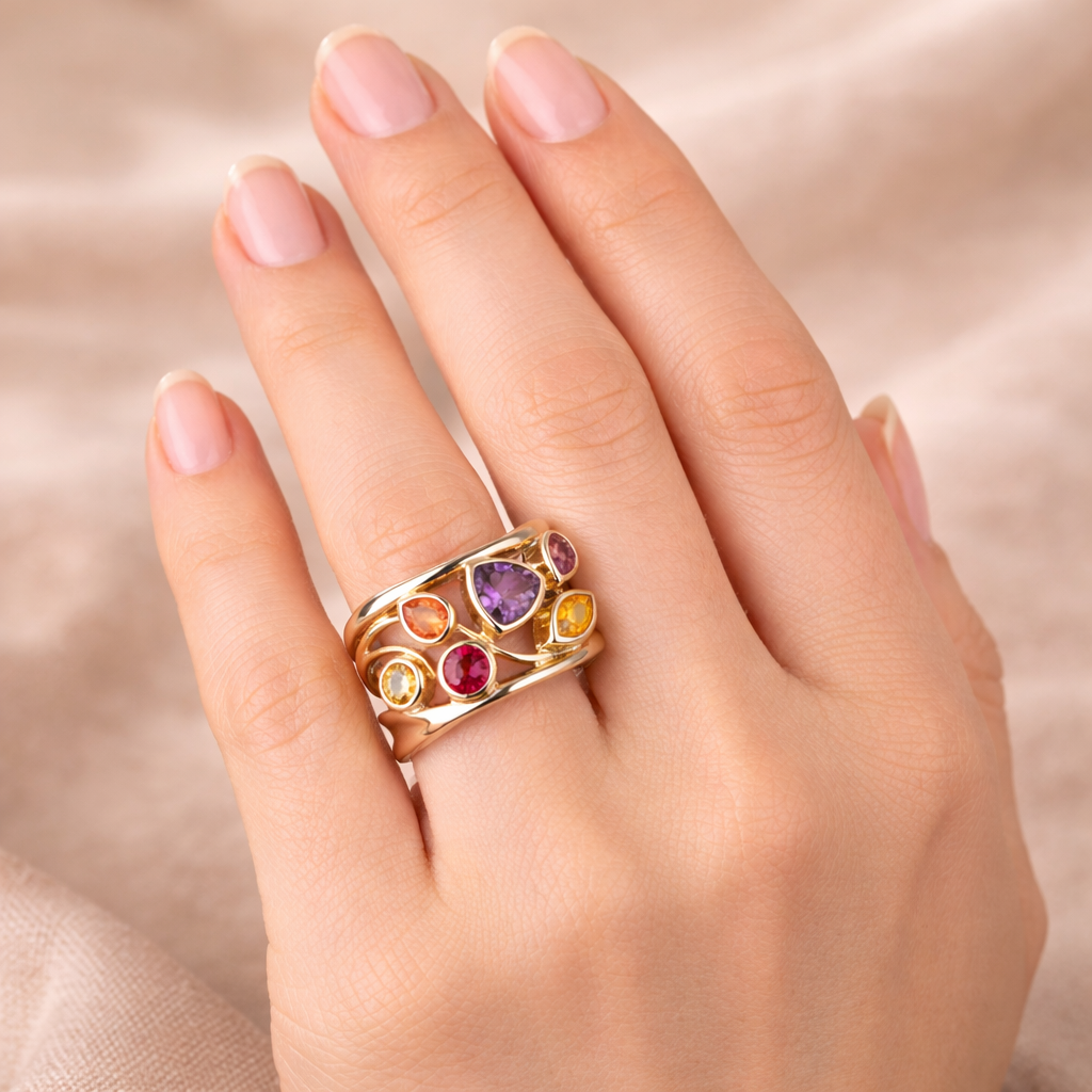 Retro prsten zlato stříbro barevná zirkonie