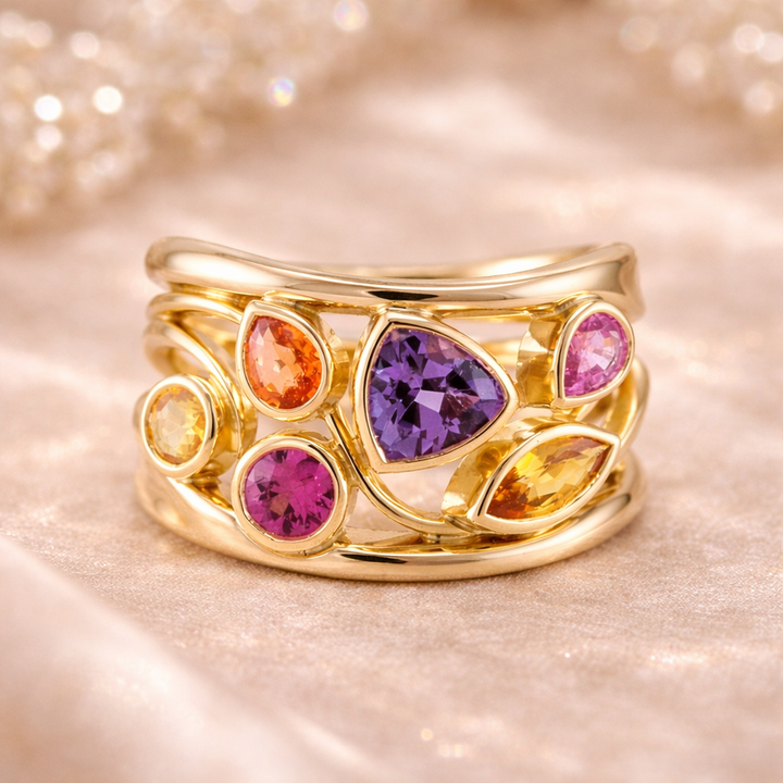 Retro prsten zlato stříbro barevná zirkonie