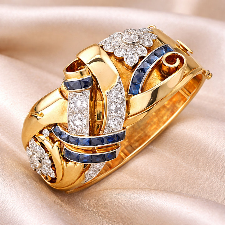 Retro zlatý prsten modrá zirkonie