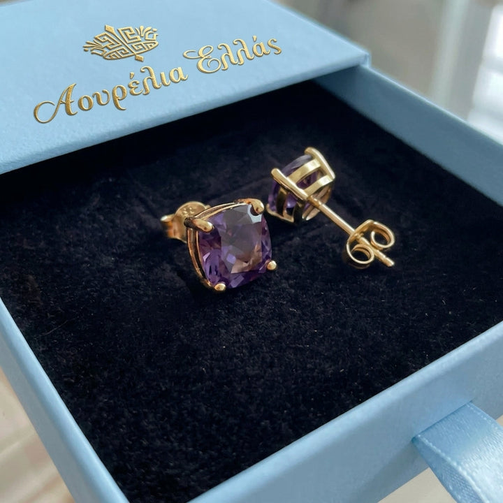 Vierkante Amethist Oorbellen | Goud