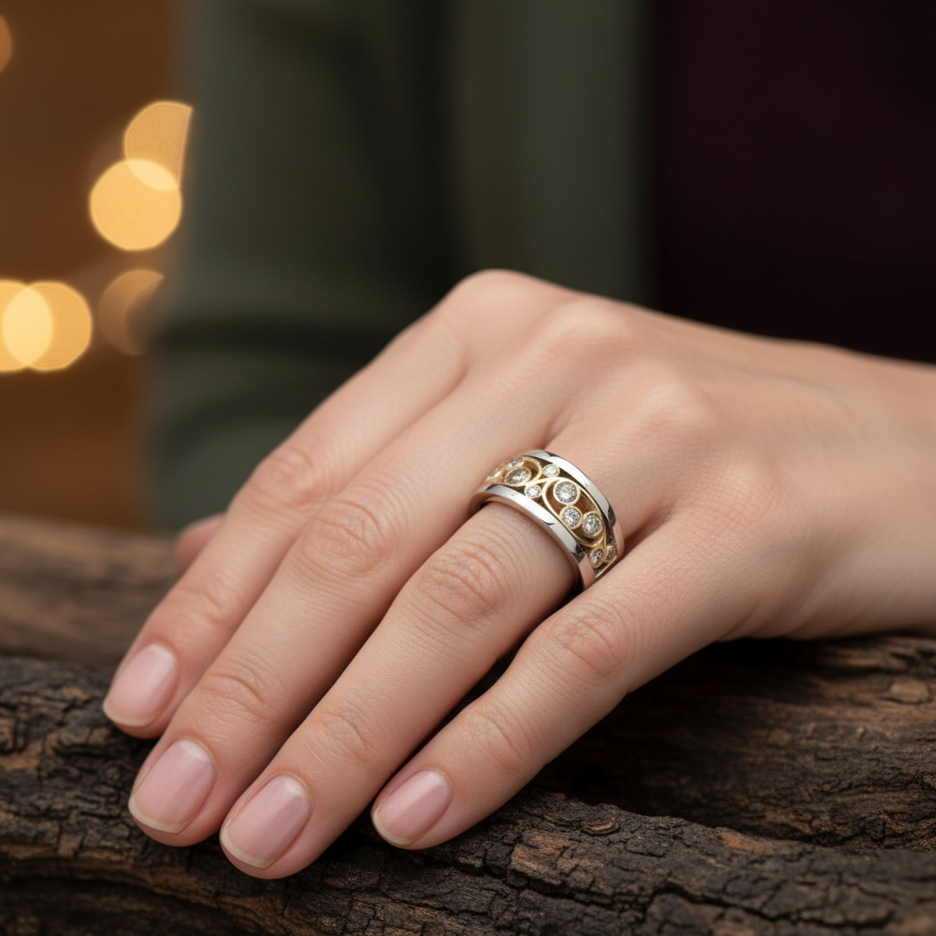 Vintage prsten zlato stříbro zirkonie břečťan