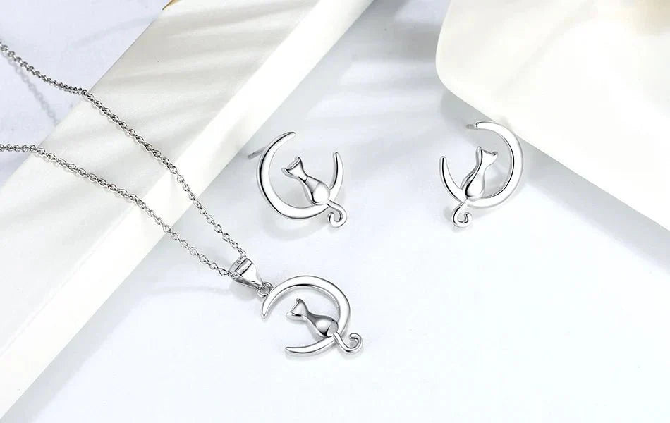 Stříbrné náušnice kočka a měsíc